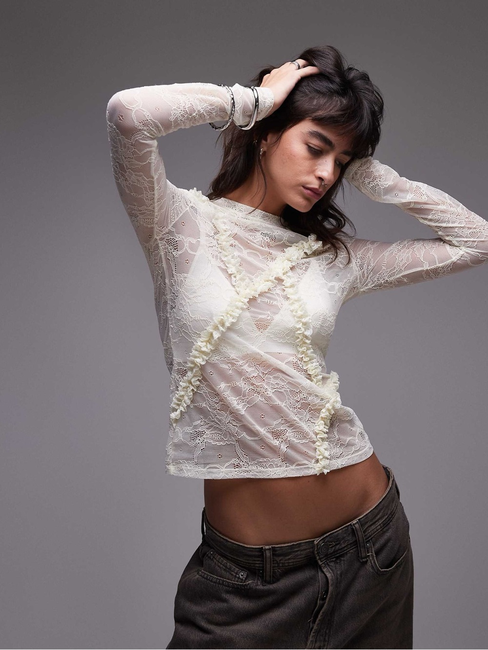 Topshop • nwt lace ruffle front long sleeve top 4-6 PTP 16-19”